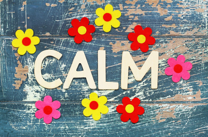 Word calm written with wooden letters on rustic surface and colorful flowers